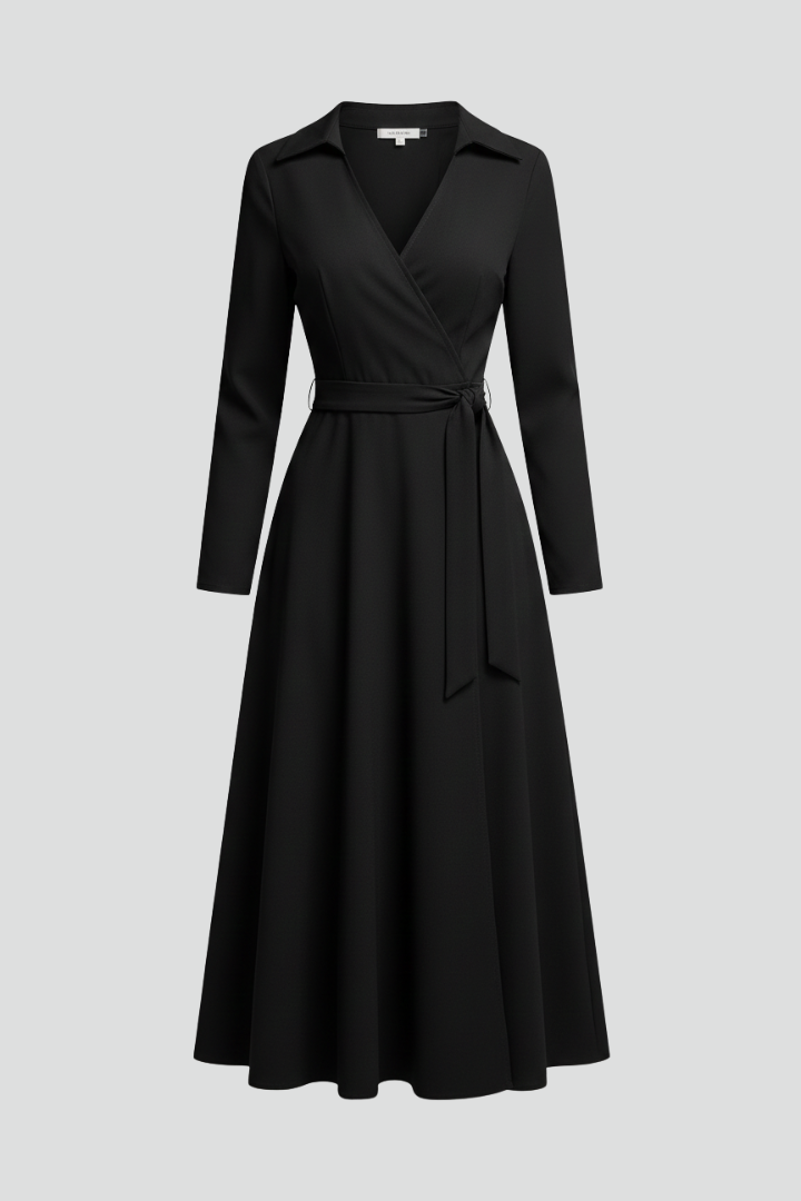 Women's elegant V-neck midi dress with long sleeves, A-line cut, and sophisticated lapel collar.