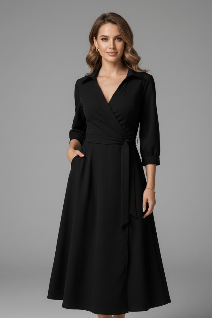 Stylish women's V-neck midi dress with long sleeves and adjustable waist tie for a flattering, versatile look.