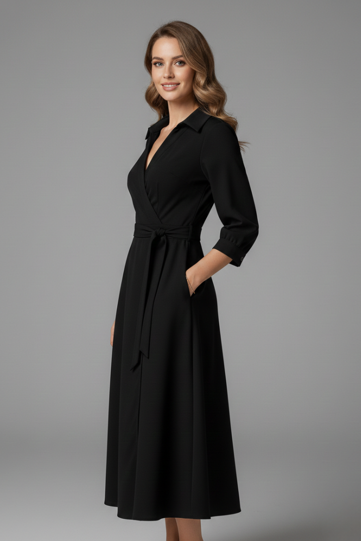 Elegant women's long sleeve V-neck midi dress featuring a chic lapel collar and waist tie design.
