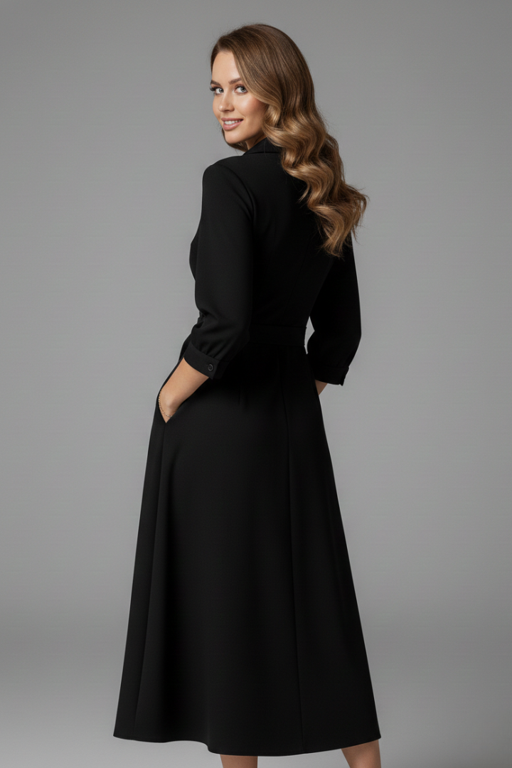 Sophisticated A-line midi dress for women, featuring an elegant V-neck and comfortable long sleeves.
