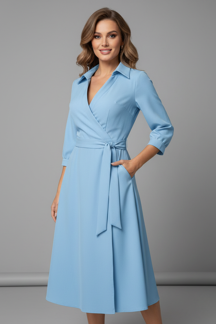 Classic women's fashion midi dress: V-neck, long sleeves, A-line silhouette, perfect for any elegant occasion.