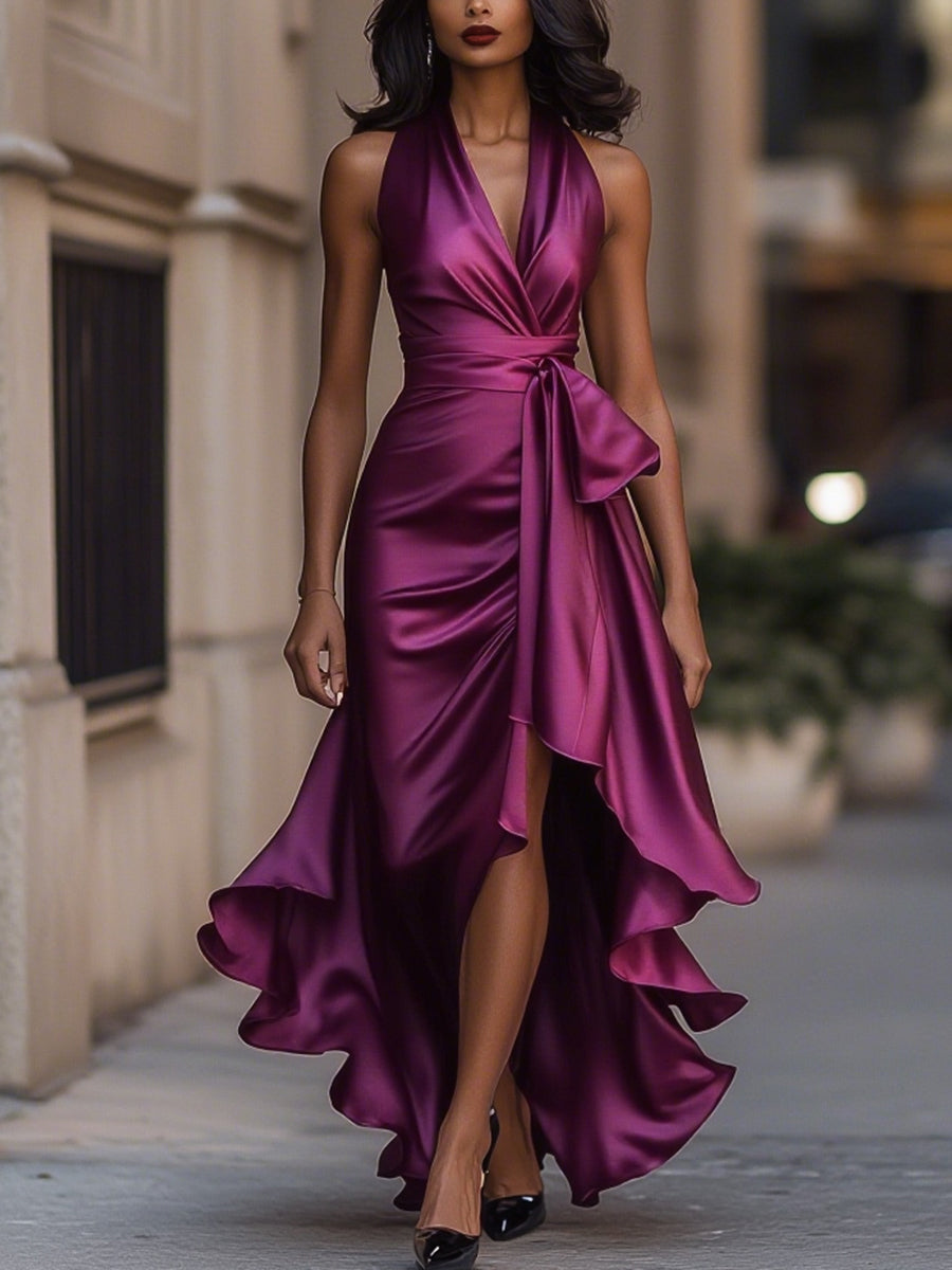 Women's elegant sleeveless wrap midi dress with a V-neck, a timeless summer party outfit.