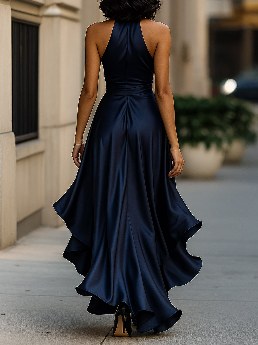 Summer party women's midi dress featuring a sleeveless V-neck wrap design and high-low hem.
