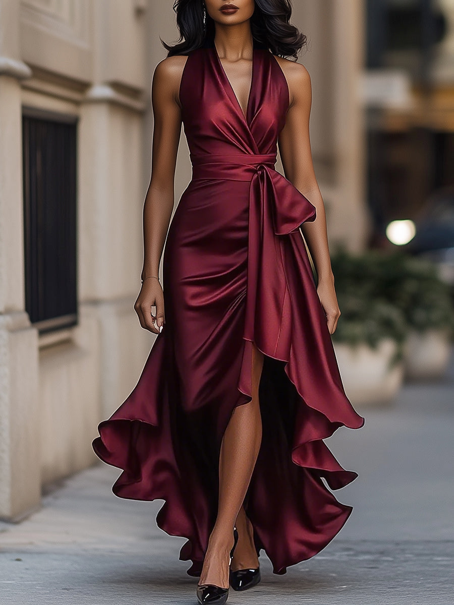 Stylish women's V-neck sleeveless midi wrap dress, embodying sophisticated party fashion.