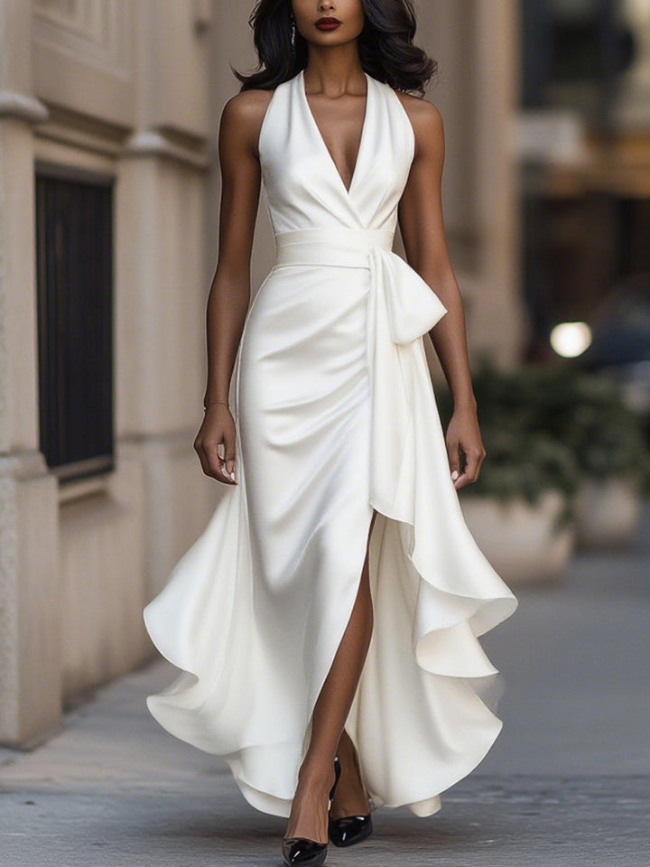 Women's sleeveless V-neck wrap midi dress, an elegant and chic choice for summer fashion.
