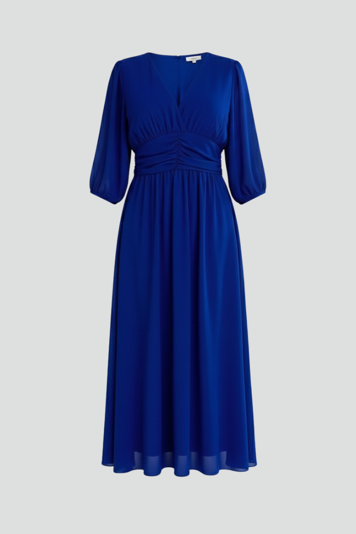 Women's elegant V-neck wrap midi dress with long sleeves, perfect for chic occasion wear.