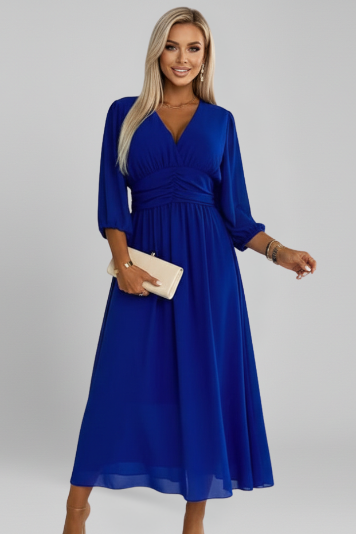 Flattering women's chic V-neck wrap midi dress, versatile long sleeve design for all occasions.