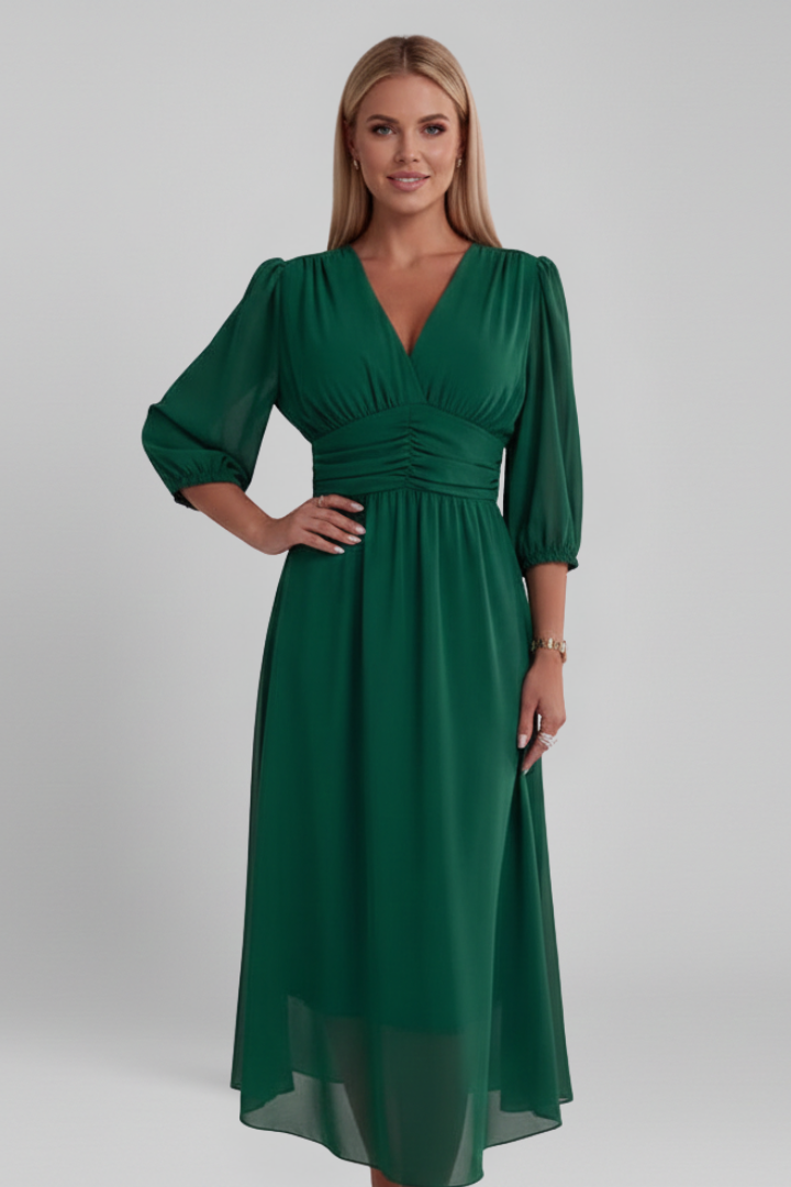 Elegant women's V-neck wrap midi dress, featuring long sleeves & a versatile design for a chic look.