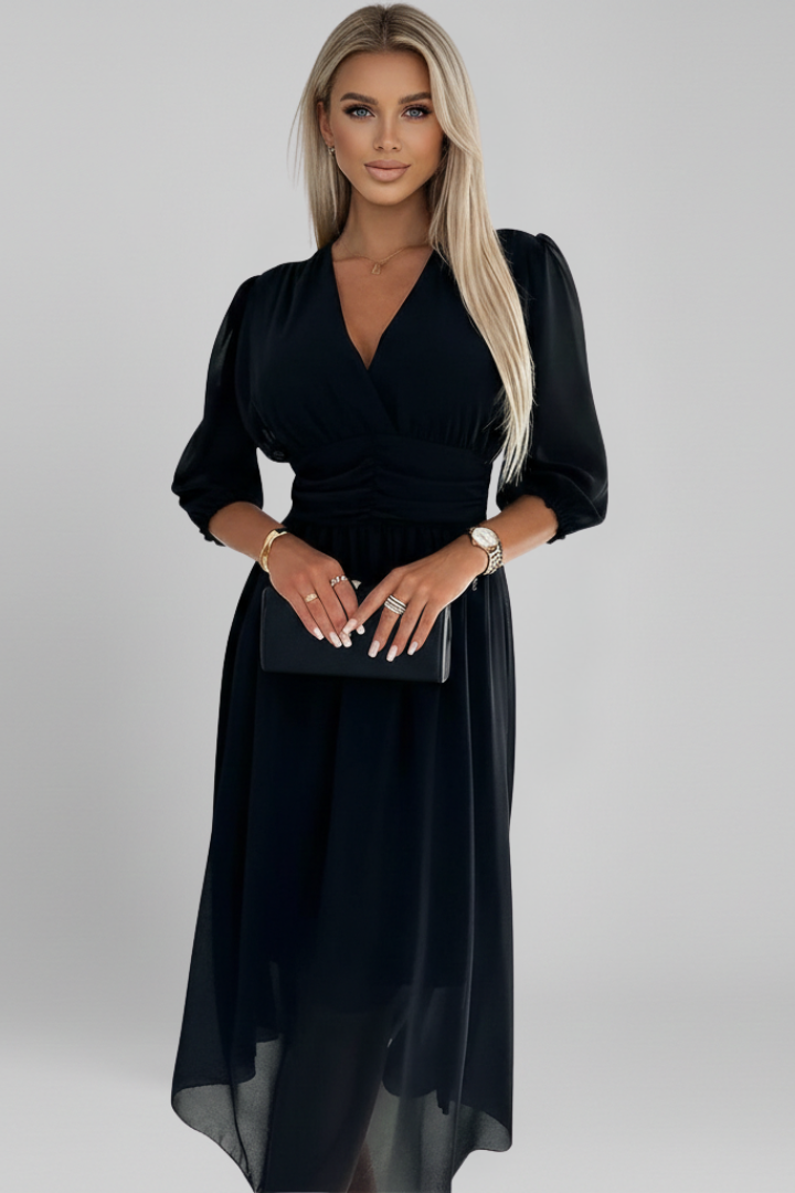 Versatile women's long sleeve V-neck wrap midi dress, effortlessly chic for any elegant occasion.
