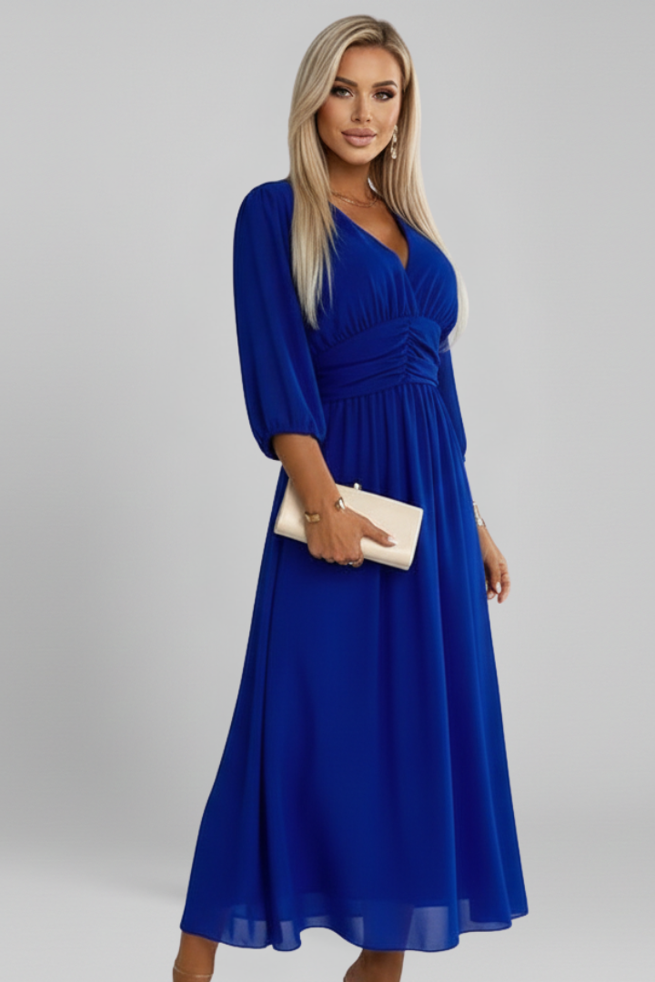 Chic women's long sleeve V-neck wrap midi dress. Elegant fashion for versatile occasion wear.