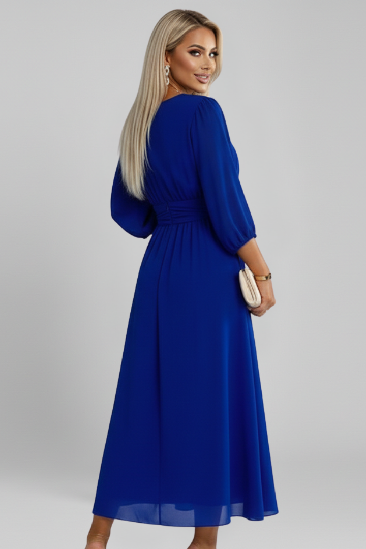 Women's elegant long sleeve V-neck wrap midi dress, a chic and flattering choice for occasion wear.