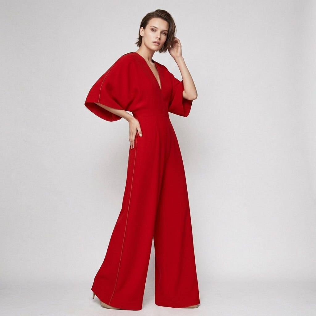 Elegant women's V-neck jumpsuit with a comfortable, flowing wide-leg design. Versatile fashion for a sophisticated look.
