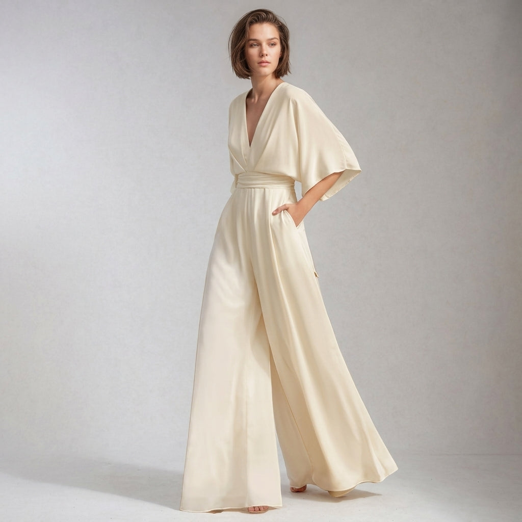 Women's flowing wide-leg V-neck jumpsuit, offering an elegant and comfortable fit. Versatile for stylish casual or formal fashion.