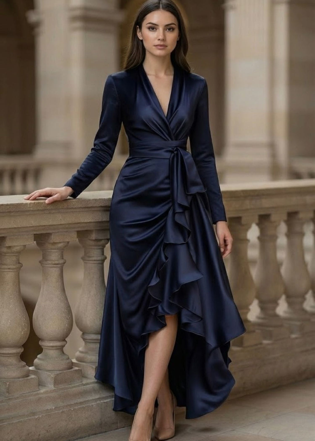 Women's elegant wrap high-low dress with ruffle details, perfect for formal events.