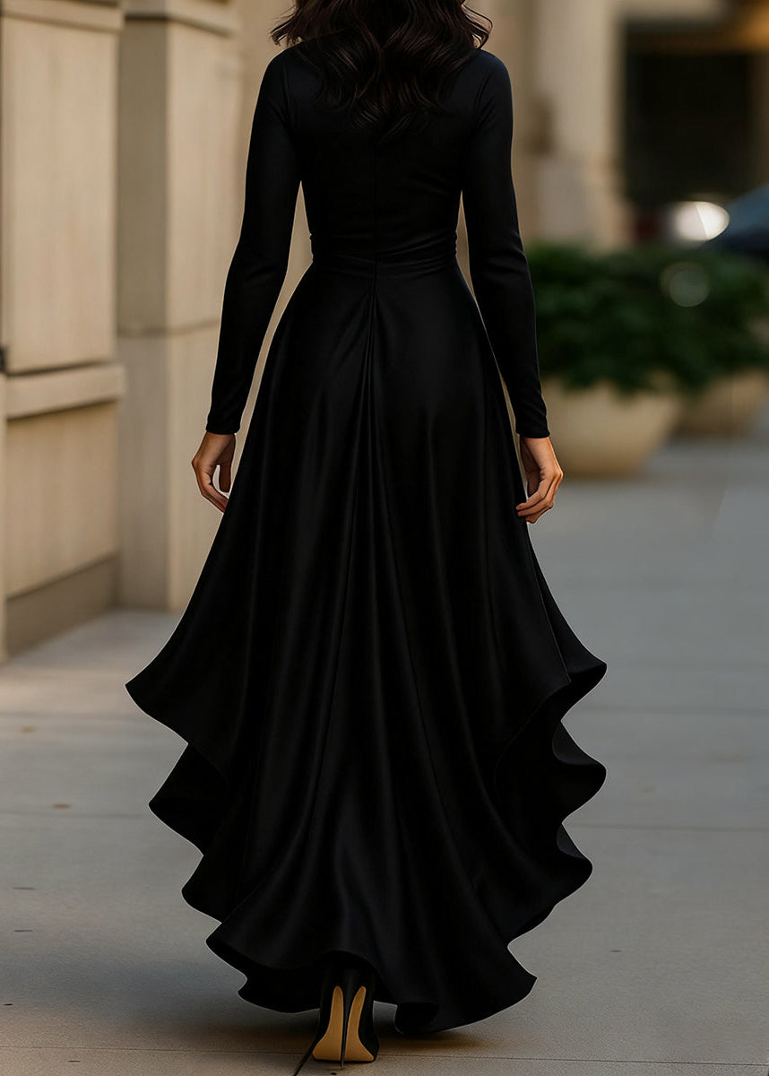 Women's elegant wrap dress, A-line cut with a high-low hemline and beautiful ruffle details.