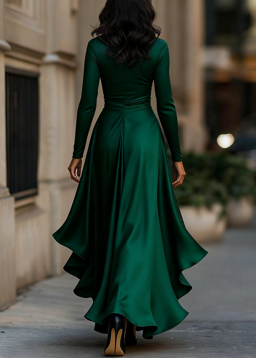 Formal long sleeve wrap maxi dress for women, elegant high-low style with stunning ruffles.