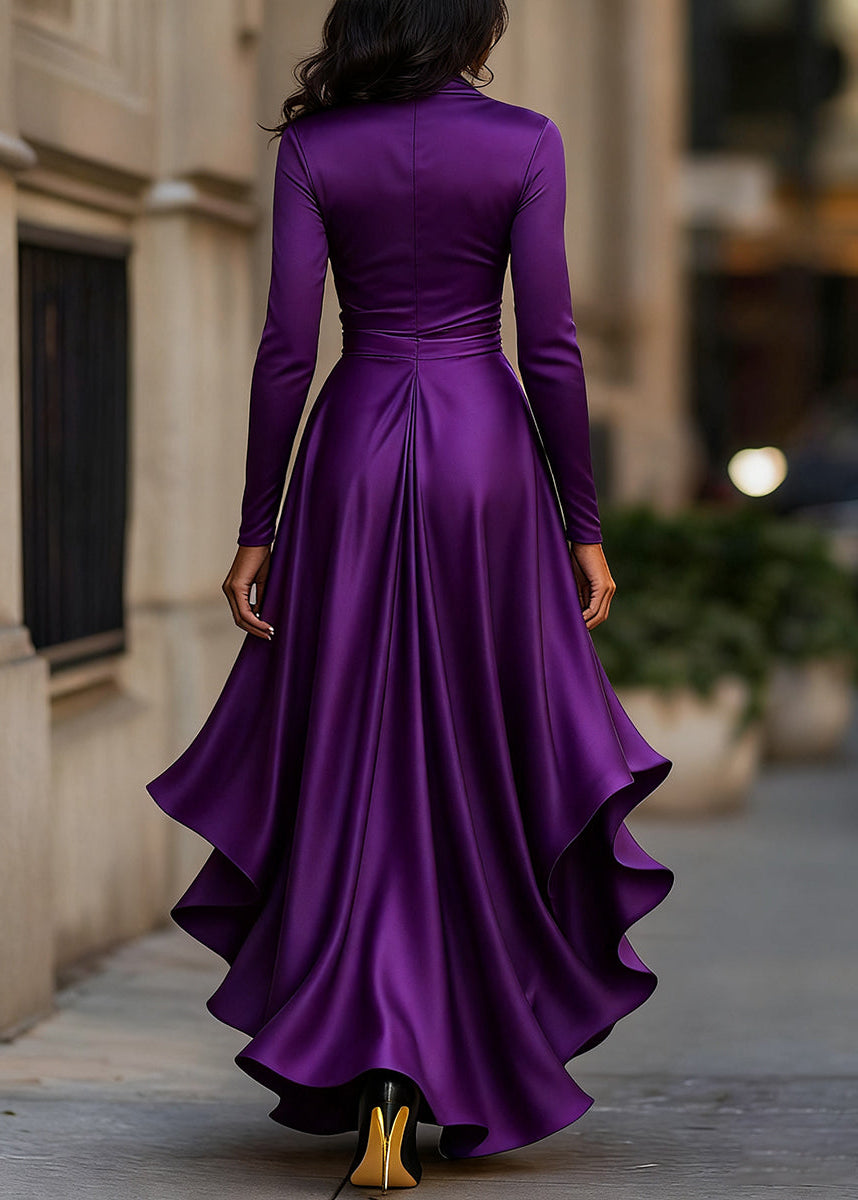 Elegant women's formal wrap dress, high-low hem with ruffles, perfect for evening events.