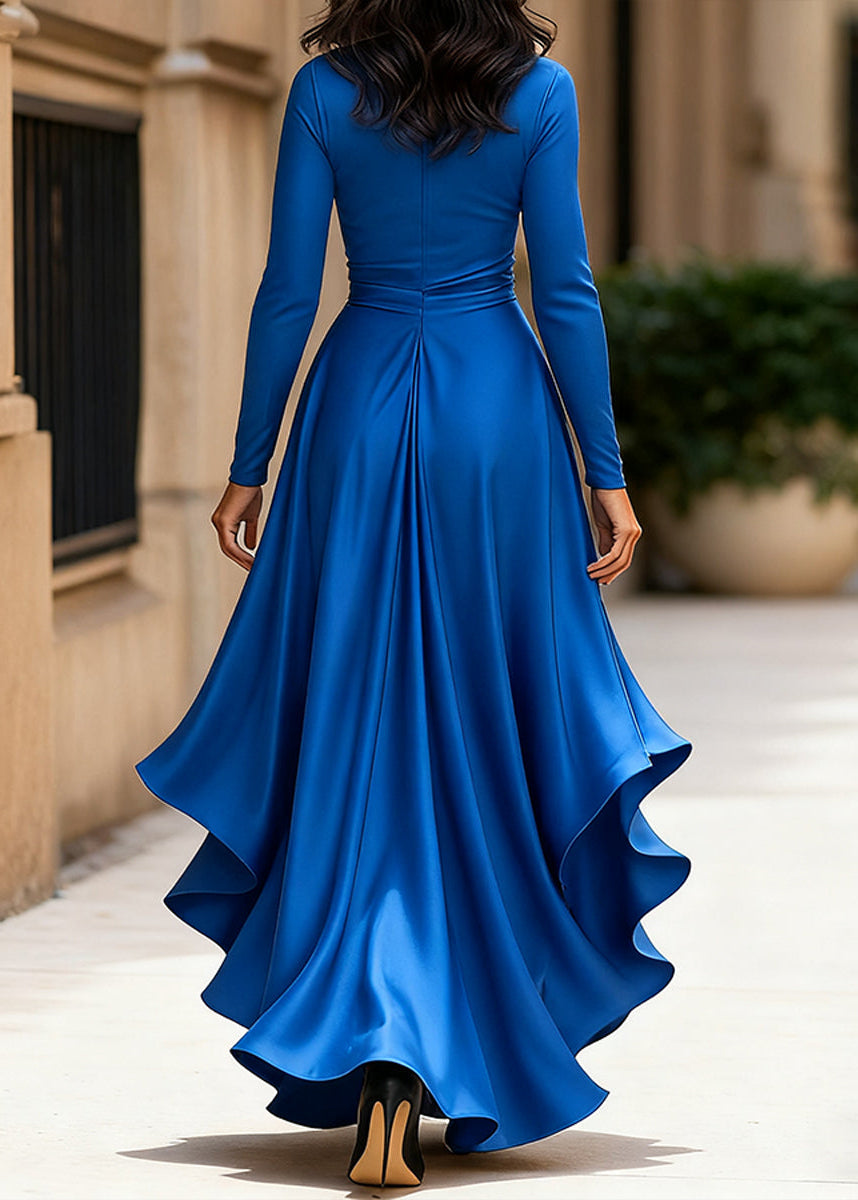 Women's elegant wrap high-low maxi dress with long sleeves and delicate ruffle accents.