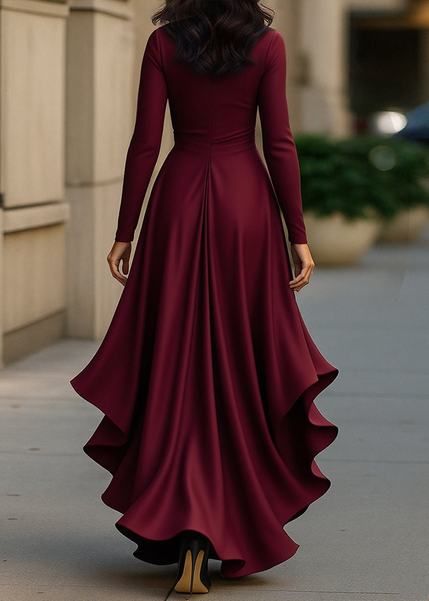 Stunning high-low evening gown for women, featuring a flattering wrap design and chic ruffles.