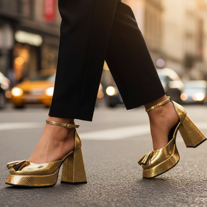 Midnight blue women's formal heels with striking tassel, secure ankle strap, and modern square heel.