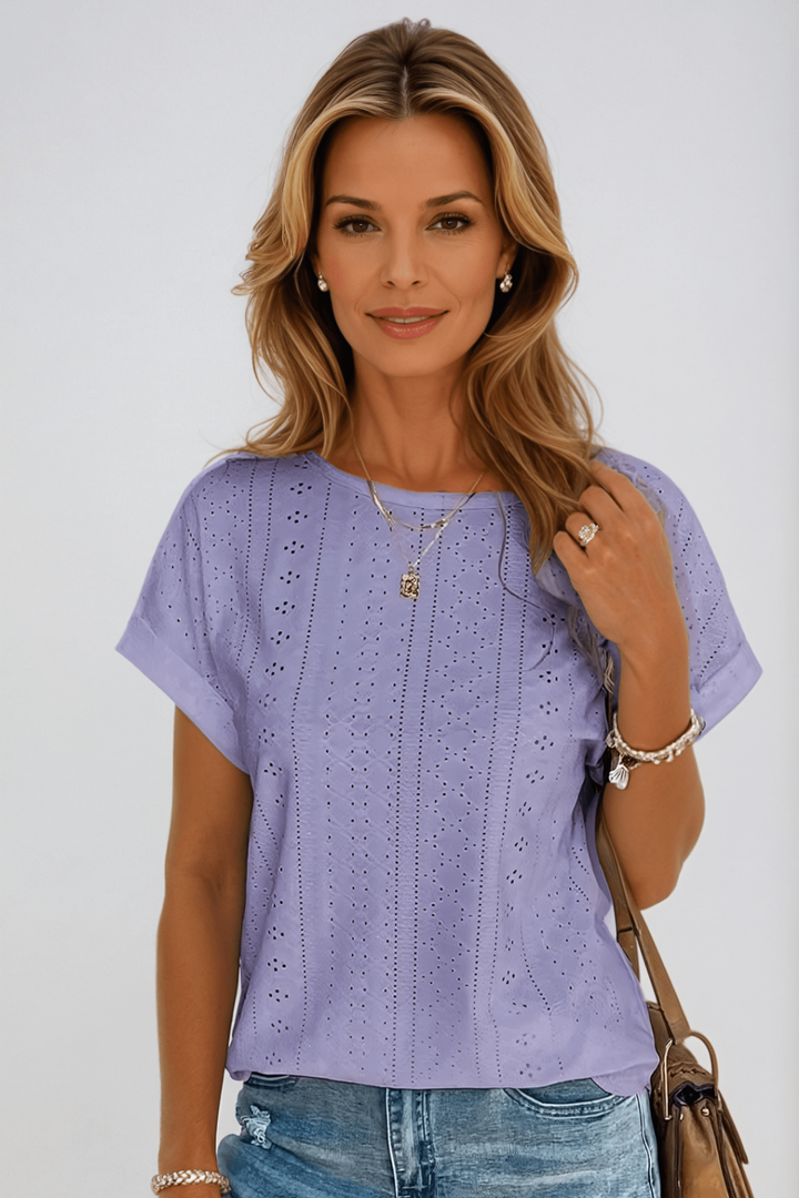 Purple eyelet short sleeve blouse, women's round neck top. Breathable design for versatile casual summer fashion.
