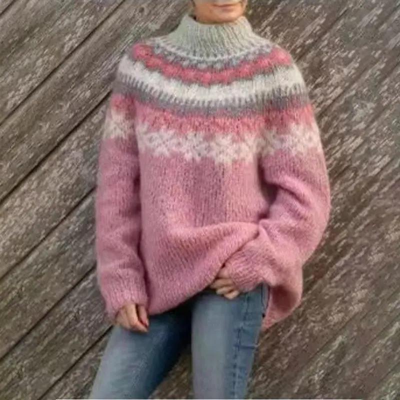 Women's knitwear: Fair Isle crewneck jumper, featuring a classic pattern, suitable for layered clothing