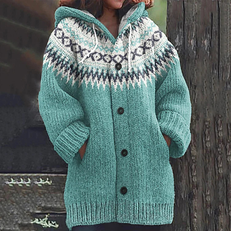 Back view of a women's hooded knit Fair Isle cardigan, highlighting the detailed pattern and warmth for casual wear.