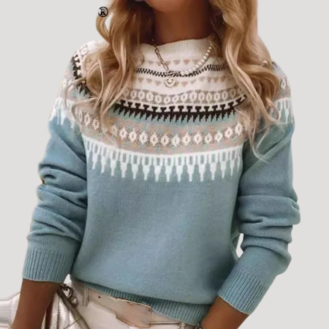 Spring pullover sweater for women with a long sleeve Fair Isle knit pattern, ideal for a stylish casual look.