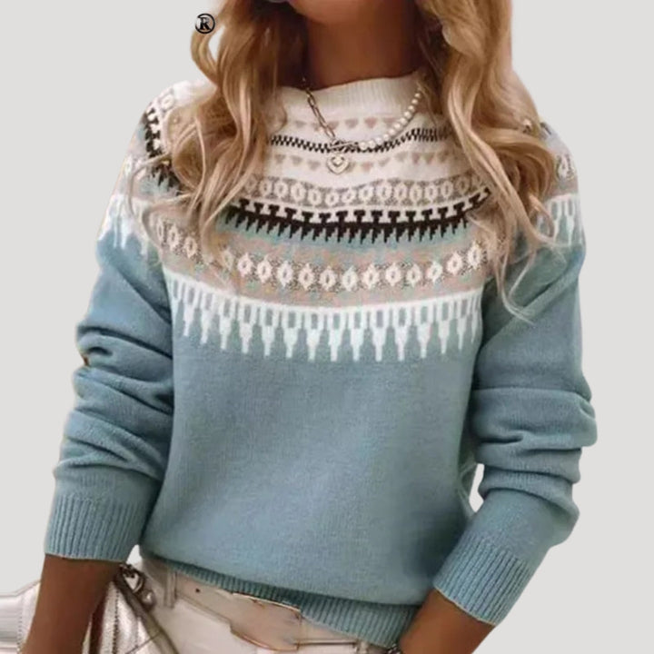 Spring pullover sweater for women with a long sleeve Fair Isle knit pattern, ideal for a stylish casual look.