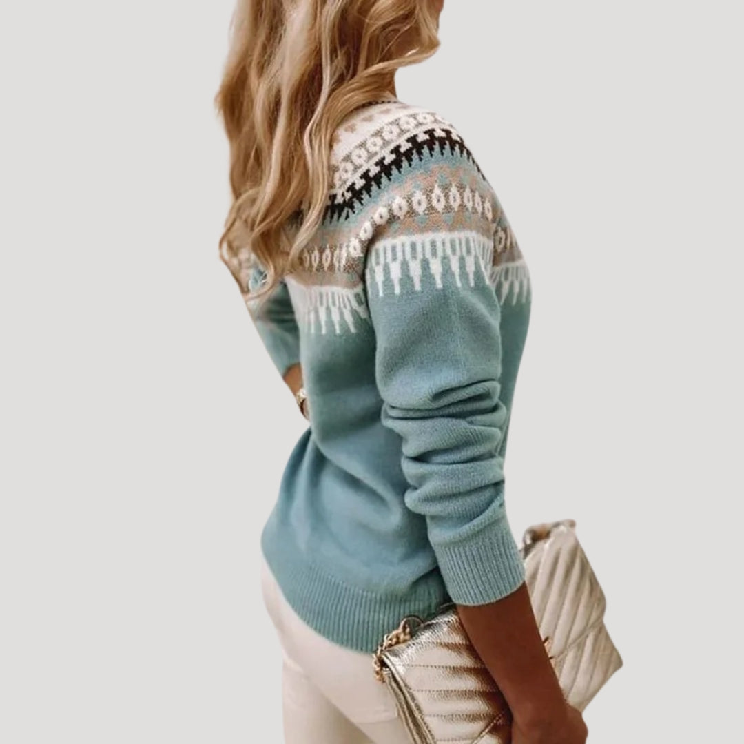 Casual women's spring top, a long sleeve Fair Isle knit sweater with a vibrant, eye-catching pattern.