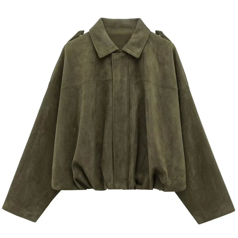 Stylish women's minimalist faux suede bomber jacket with ribbed cuffs and hem, casual outerwear
