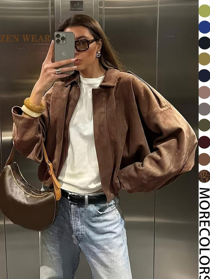 Women's faux suede zip-front jacket in a neutral brown, ideal for casual autumn outerwear style
