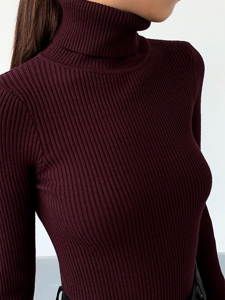 Elegant off-white ribbed knit turtleneck top for women, long sleeve, ideal for a chic spring outfit.