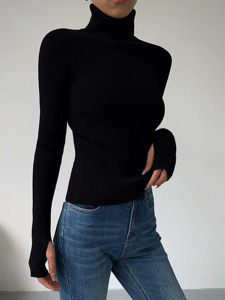 Fashionable women's ribbed knit turtleneck top in a vibrant color, perfect for adding a pop to spring outfits.