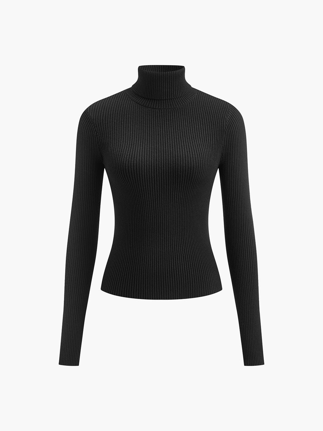 Back view of a women's long sleeve ribbed knit turtleneck sweater, demonstrating its flattering silhouette.