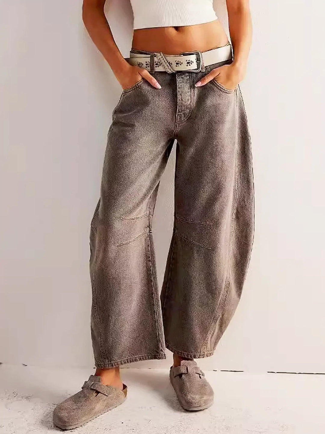 Flattering high-waisted wide-leg jeans for women, ideal for comfortable casual wear.