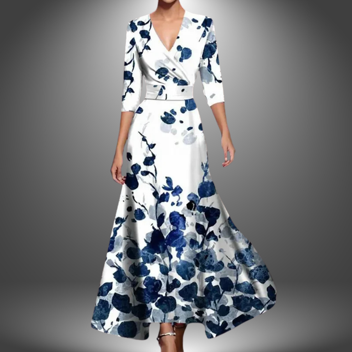 Flowy boho maxi dress for women, featuring a flattering V-neck and comfortable half sleeves. Great for summer fashion.