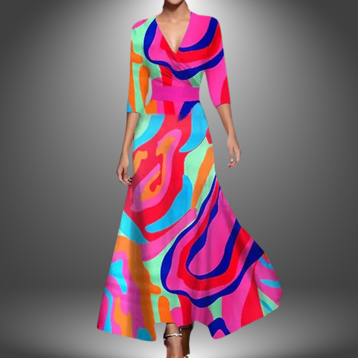 Stylish women's casual maxi dress with V-neck and elegant bohemian design. Perfect for effortless summer wear.