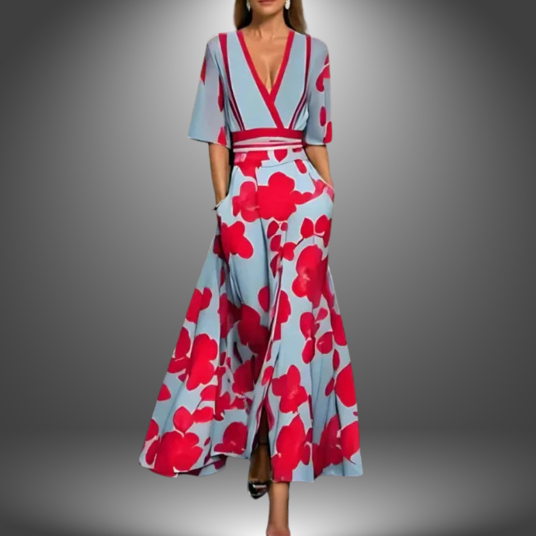 Women's flattering V-neck printed maxi dress, elegant and flowing, perfect for summer or versatile casual wear.