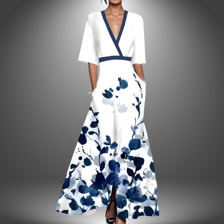 Stylish women's long printed maxi dress with a flattering V-neck, comfortable and versatile for summer casual elegance.