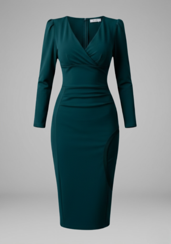 Women's flattering V-neck ruched knee-length dress. Elegant bodycon style for effortless everyday fashion.