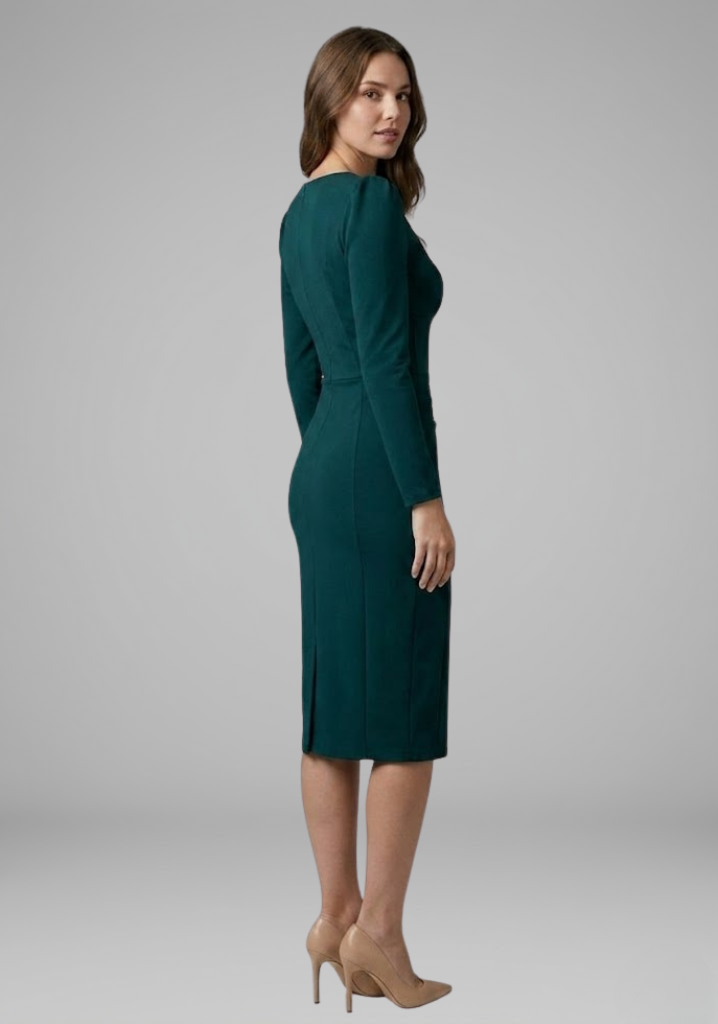 Pink V-neck ruched knee-length dress for women. Elegant bodycon design, perfect for formal or casual events.