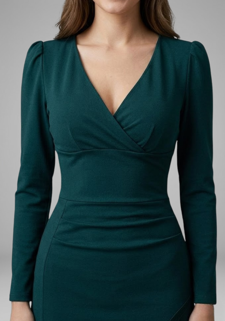 Flattering bodycon V-neck ruched knee-length dress. Women's long sleeve style for a chic and confident look.