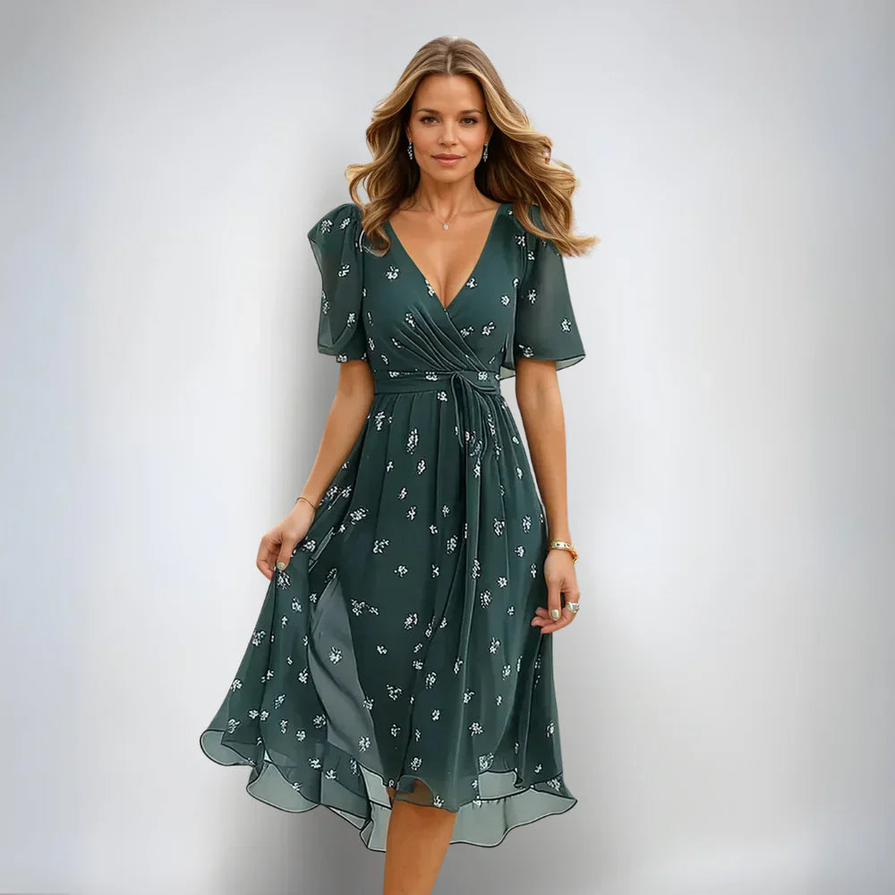 Women's floral boho wrap midi dress with V-neck, puff sleeves. Perfect flowy summer or party dress.