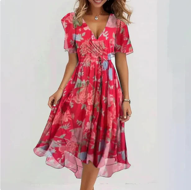 Elegant women's floral summer midi dress. Wrap style with V-neck and puff sleeves, ideal for parties.