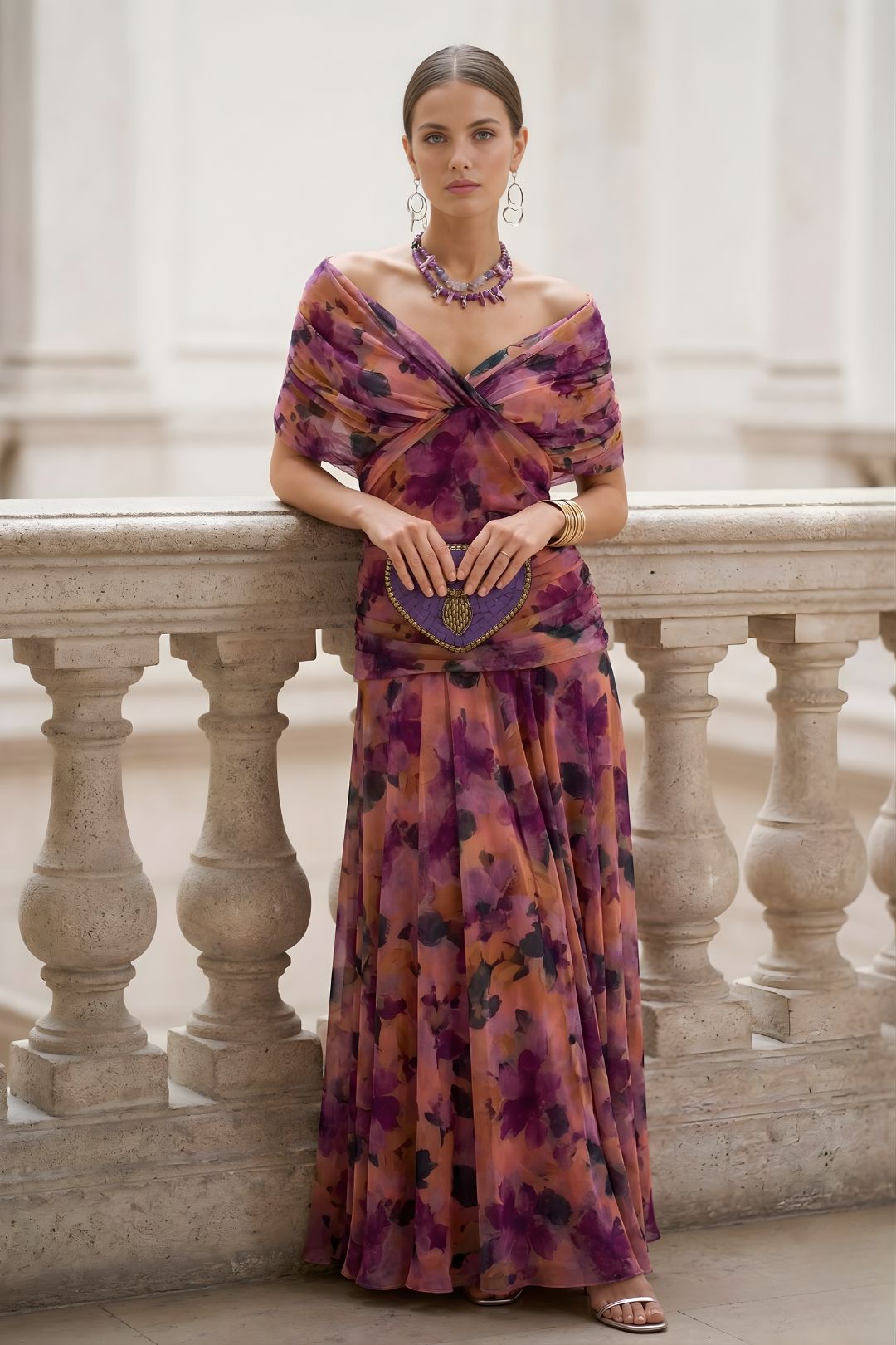 Elegant women's floral off-shoulder evening gown, ruched maxi style, ideal for formal occasions.
