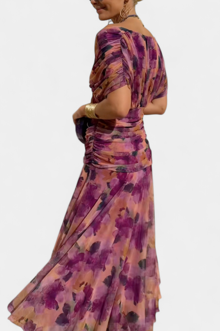 Women's floral off-shoulder ruched maxi dress with a flattering sweetheart neckline, elegant.