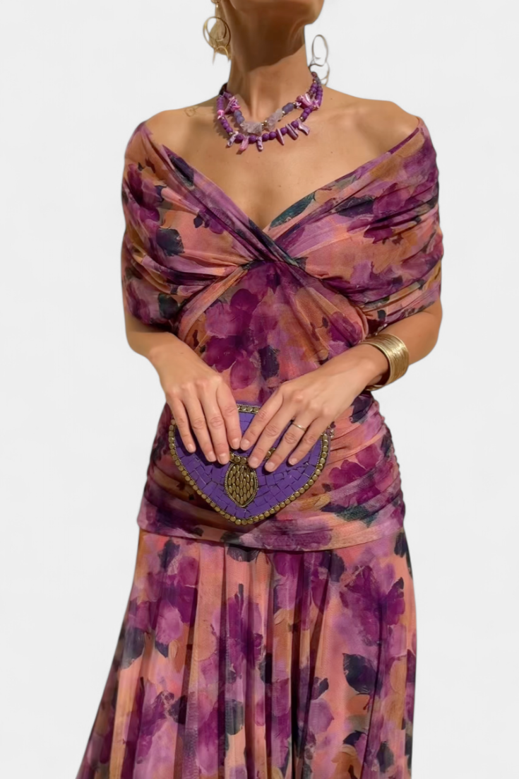 Flowy floral off-shoulder ruched maxi dress for women, a stylish pick for spring & summer.
