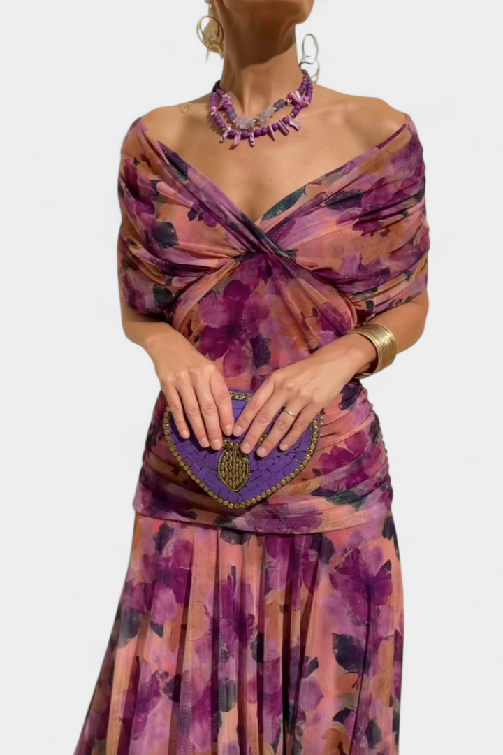 Flowy floral off-shoulder ruched maxi dress for women, a stylish pick for spring & summer.