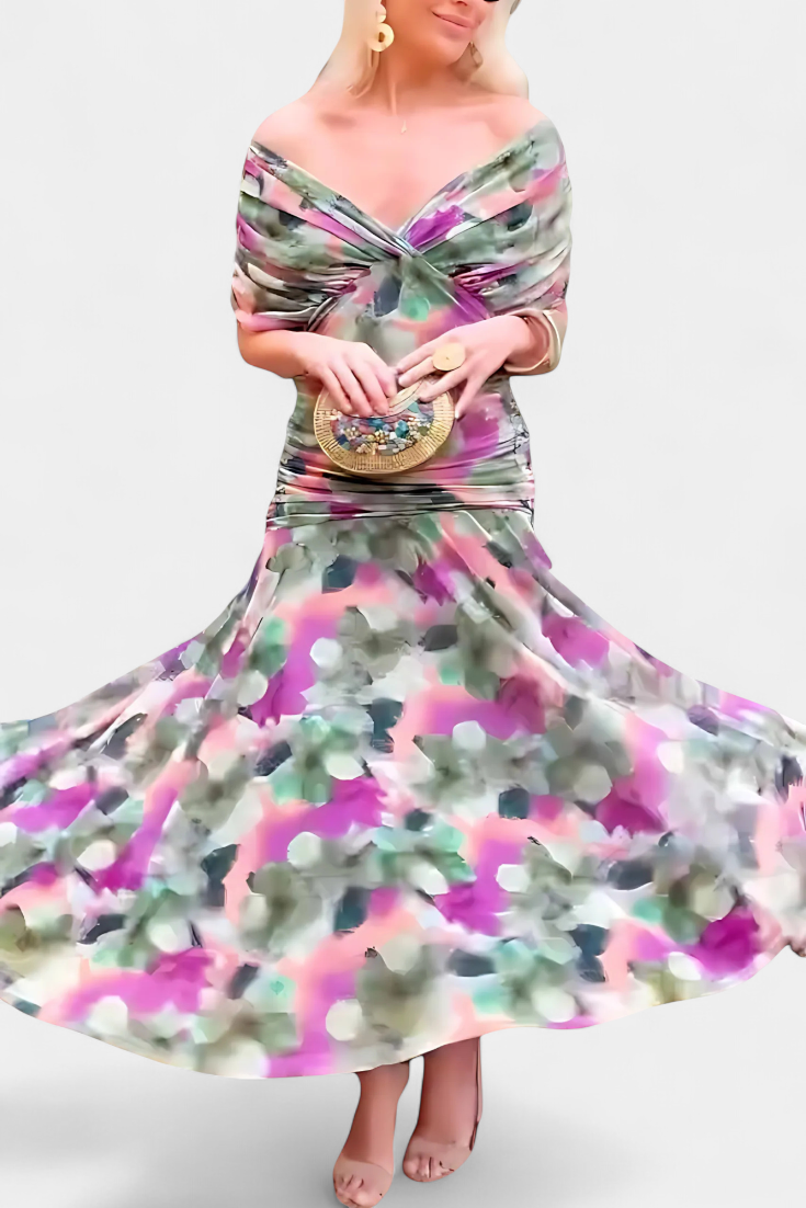 Stylish women's floral off-shoulder ruched maxi dress, elegant for summer and spring special occasions.